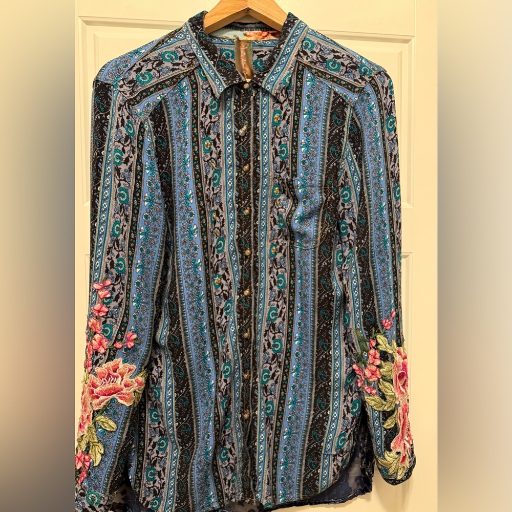Anthropology Sz S Embroidered/beaded/sheer,Velvet, Button up Blouse,Stunning,Y2K